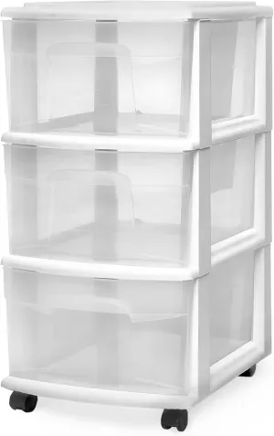 HOMZ Drawer Tower, 3-Tier Clear Plastic Storage Organizer Cart, White Frame - Heavy-Duty Organizing Drawers for Home, Bedroom, and Closet Organization