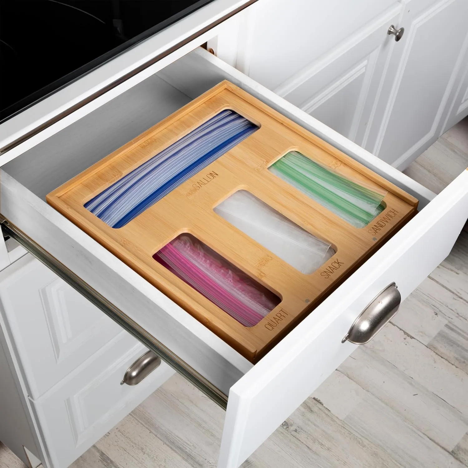 Honey Can Do Bamboo Plastic Bag Organizer for Kitchen Drawer | Gallon, Quart, Sandwich, Snack KCH-09859 Natural