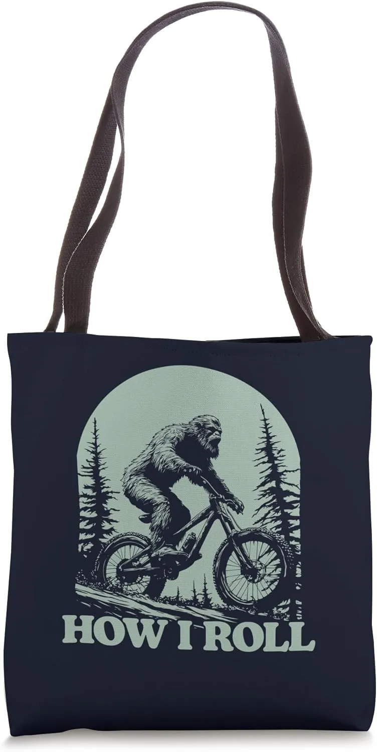 How I Roll Funny Sasquatch Mountain Biking Bigfoot MTN Bike Tote Bag