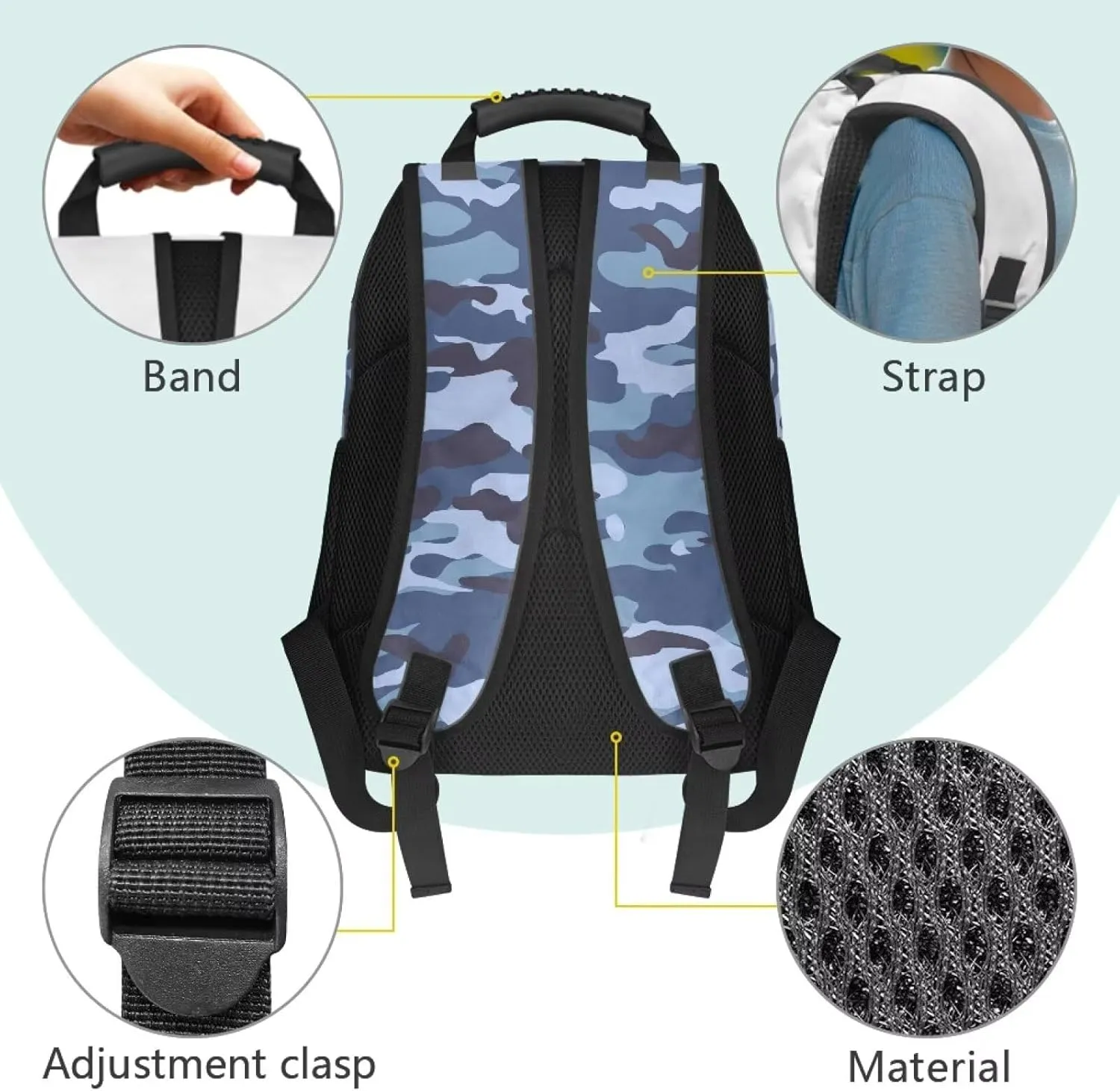 HUGS IDEA Blue Camouflage Backpack for Teen Boys Lightweight School Bags with Front Pocket Laptop Compartment Rucksack for Middle Students 17 Inch Children Bookbag for Travel Hiking