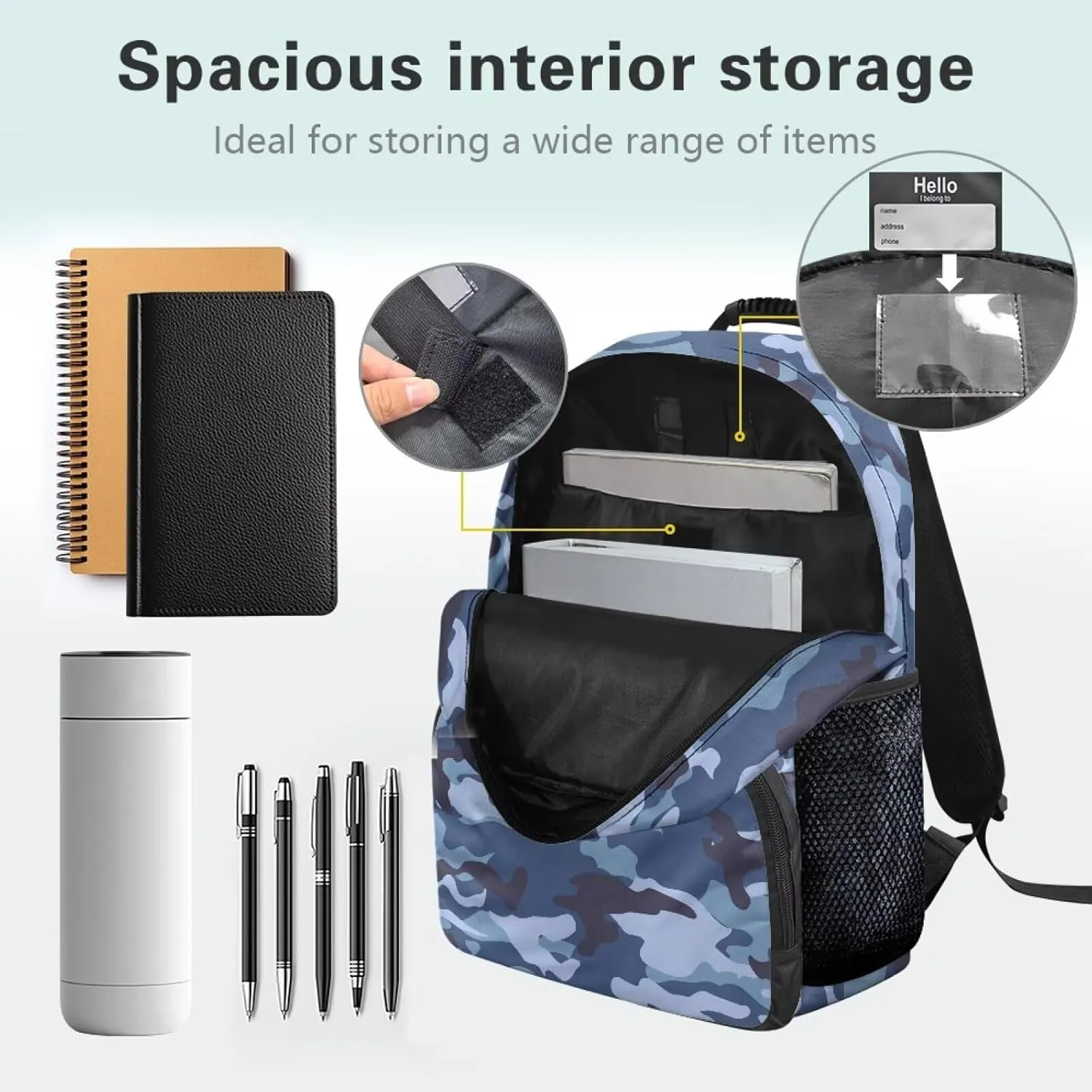 HUGS IDEA Blue Camouflage Backpack for Teen Boys Lightweight School Bags with Front Pocket Laptop Compartment Rucksack for Middle Students 17 Inch Children Bookbag for Travel Hiking