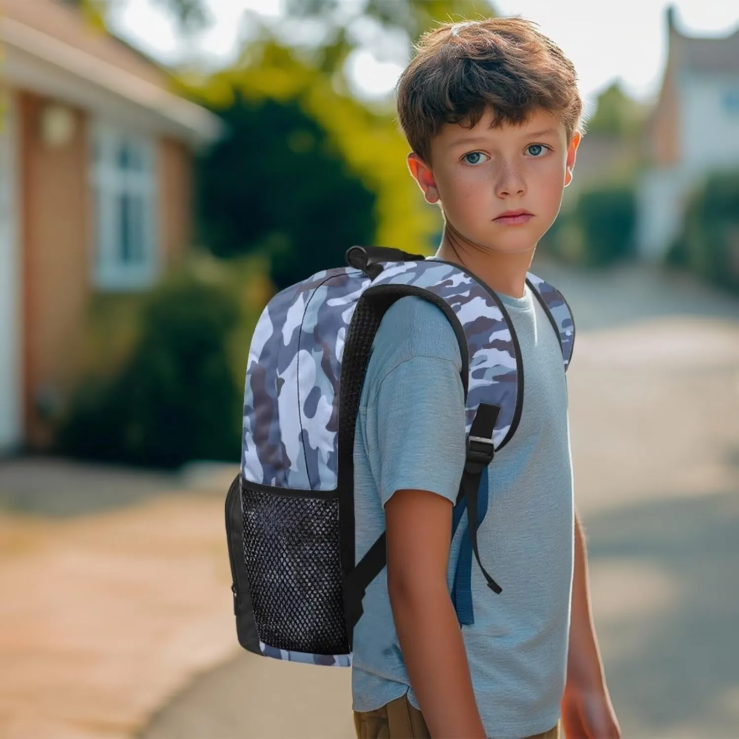 HUGS IDEA Blue Camouflage Backpack for Teen Boys Lightweight School Bags with Front Pocket Laptop Compartment Rucksack for Middle Students 17 Inch Children Bookbag for Travel Hiking