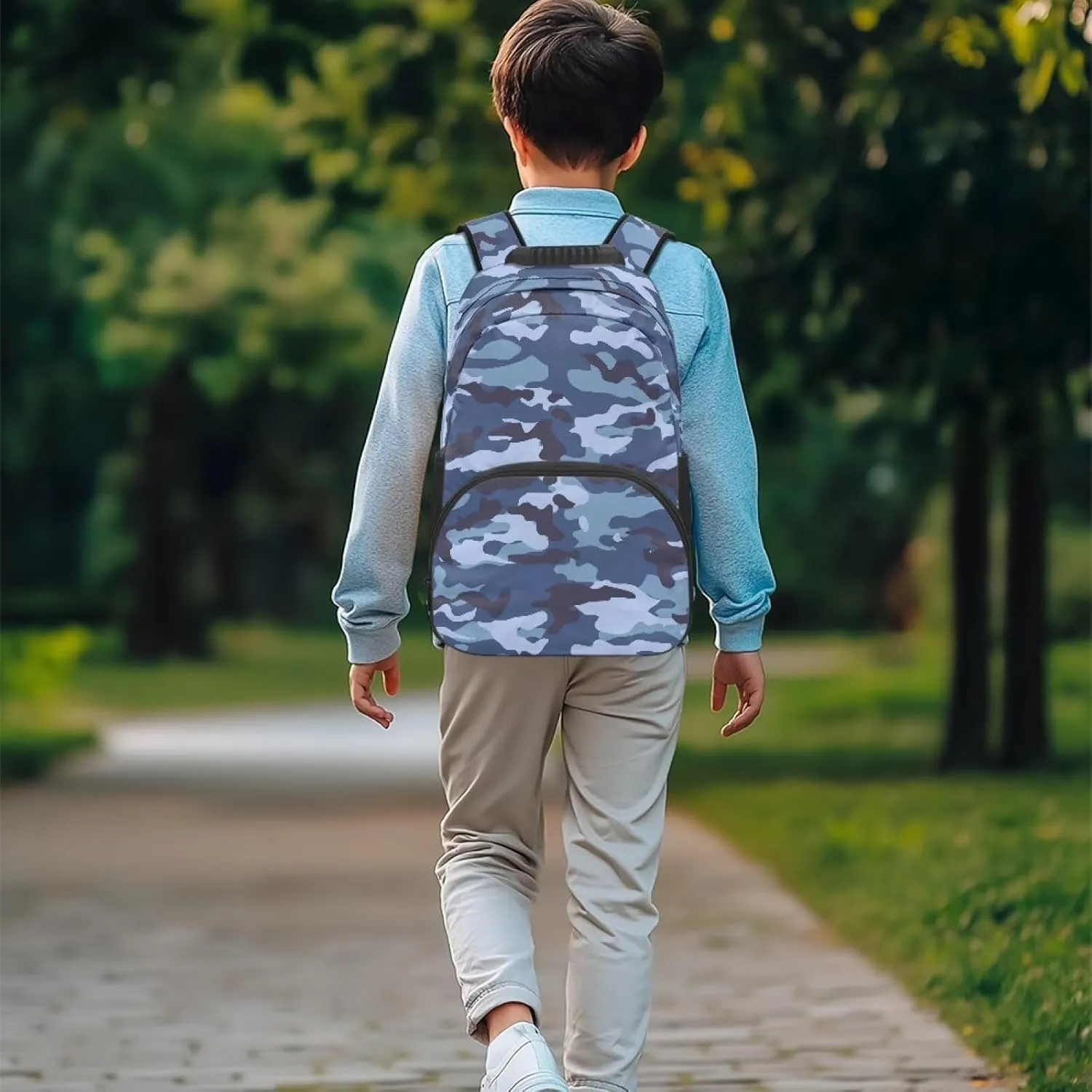 HUGS IDEA Blue Camouflage Backpack for Teen Boys Lightweight School Bags with Front Pocket Laptop Compartment Rucksack for Middle Students 17 Inch Children Bookbag for Travel Hiking