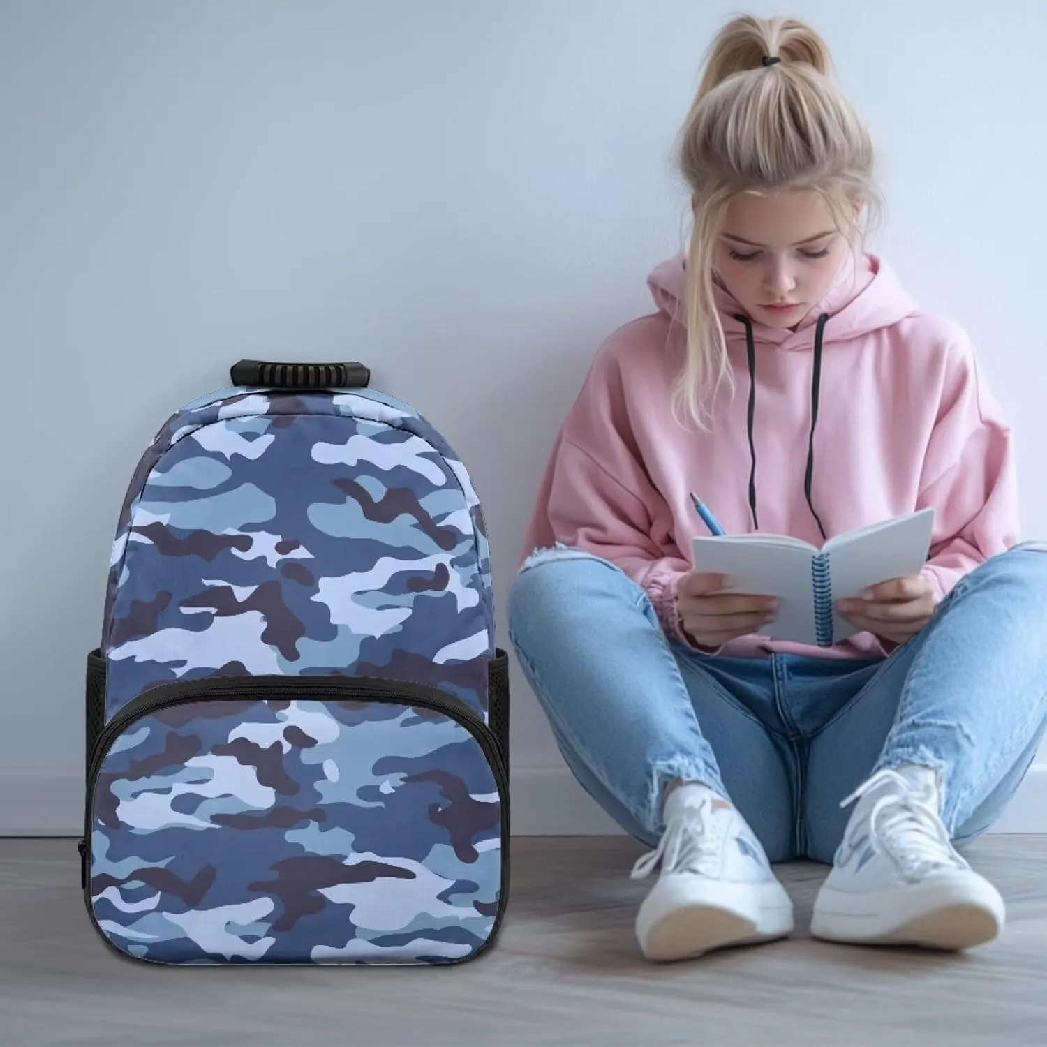 HUGS IDEA Blue Camouflage Backpack for Teen Boys Lightweight School Bags with Front Pocket Laptop Compartment Rucksack for Middle Students 17 Inch Children Bookbag for Travel Hiking