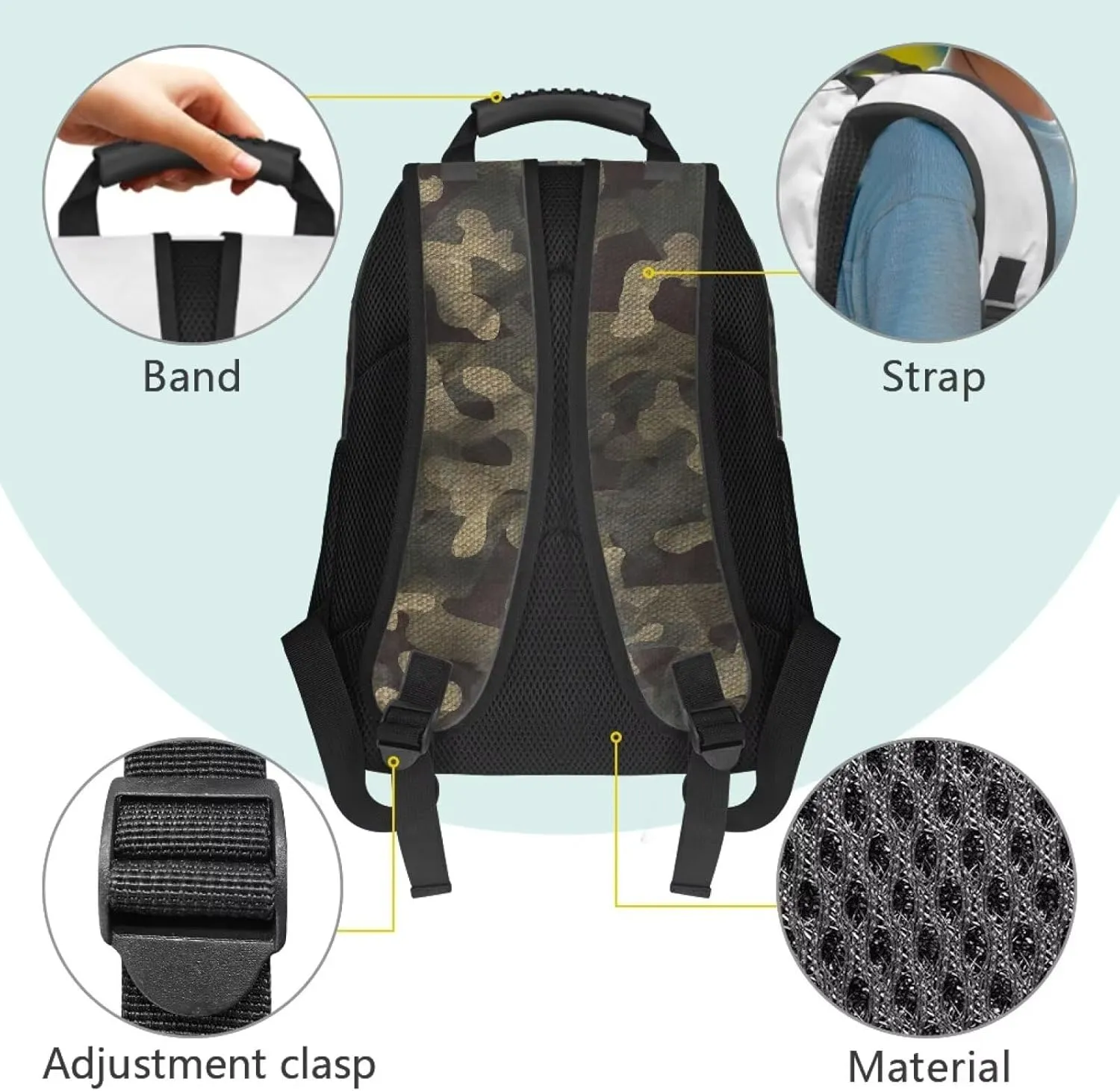 HUGS IDEA Camouflage Print Backpack for Teen Boys Water-Resistant School Bags Multi-Compartment Rucksack for Elementary Middle Students 17 Inch Kids Bookbag for Hiking Caamping Travel