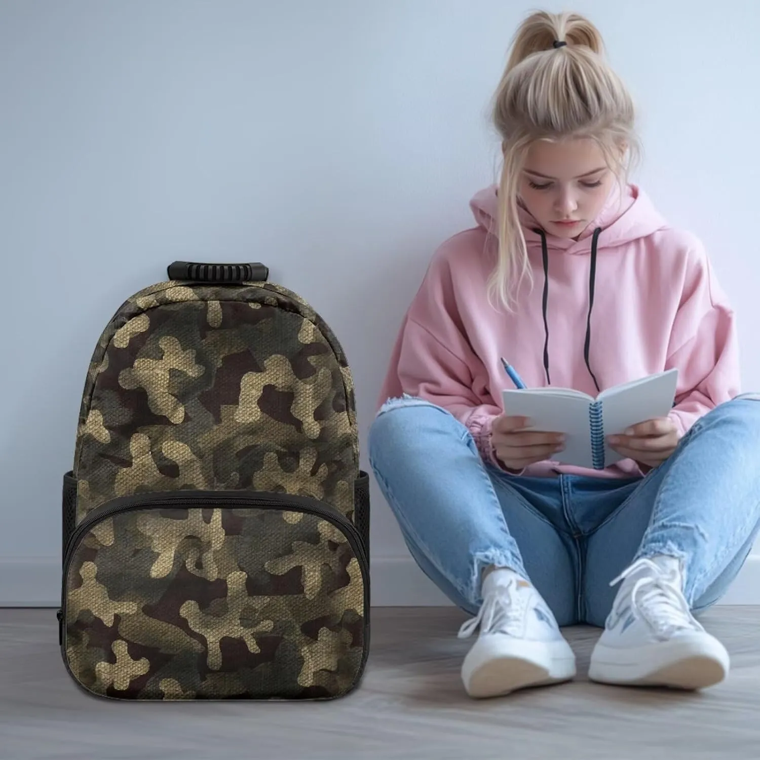 HUGS IDEA Camouflage Print Backpack for Teen Boys Water-Resistant School Bags Multi-Compartment Rucksack for Elementary Middle Students 17 Inch Kids Bookbag for Hiking Caamping Travel