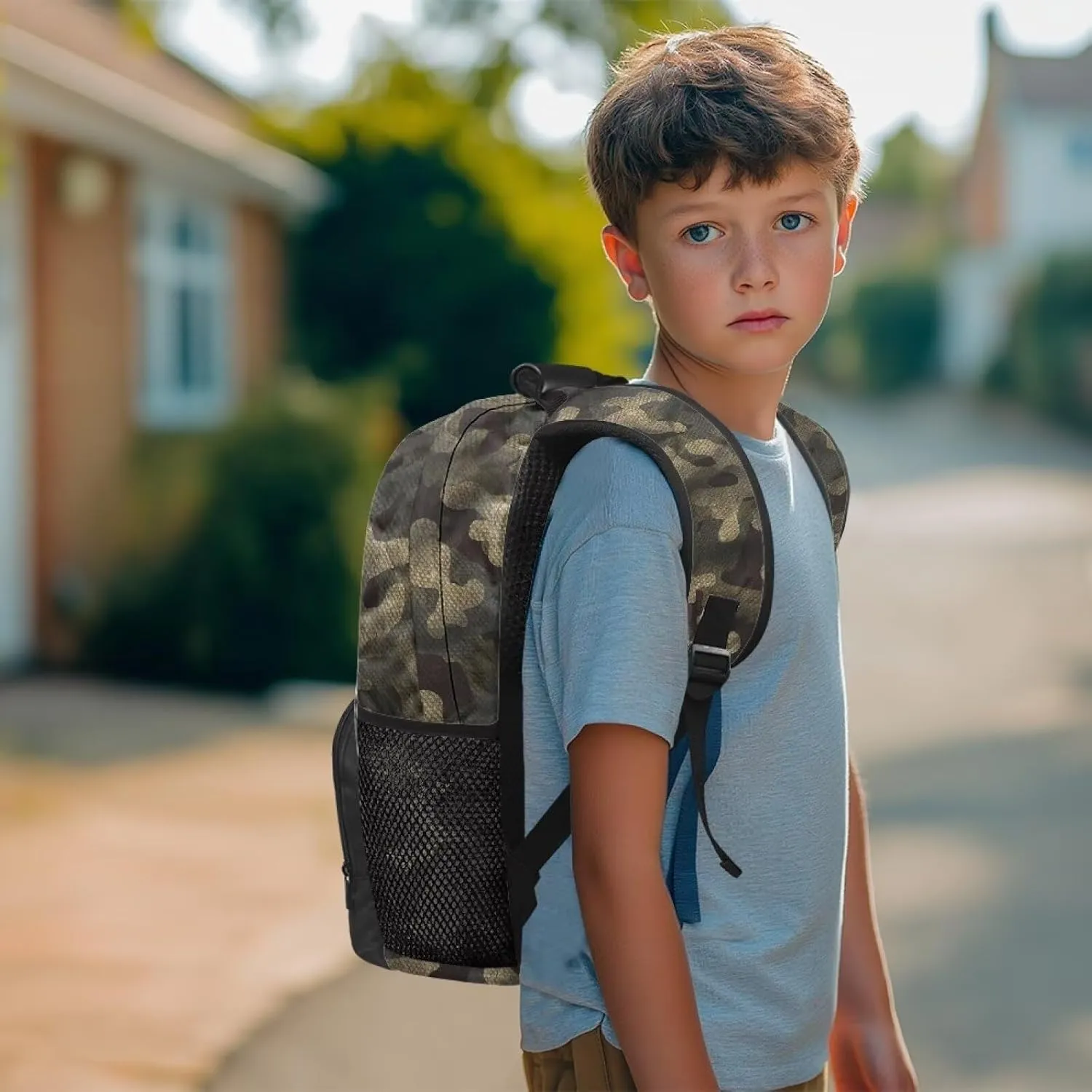 HUGS IDEA Camouflage Print Backpack for Teen Boys Water-Resistant School Bags Multi-Compartment Rucksack for Elementary Middle Students 17 Inch Kids Bookbag for Hiking Caamping Travel