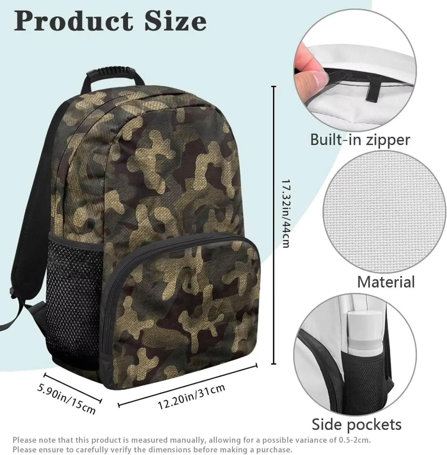 HUGS IDEA Camouflage Print Backpack for Teen Boys Water-Resistant School Bags Multi-Compartment Rucksack for Elementary Middle Students 17 Inch Kids Bookbag for Hiking Caamping Travel
