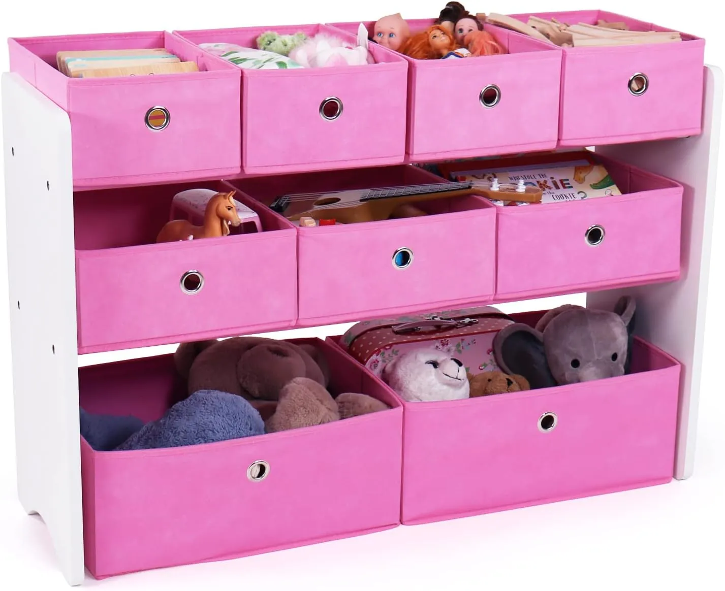 Humble Crew Toy Storage Organizer with 9 Removable Fabric Bins, White/Pink – Premium Playroom Toy Organizer for Toddlers Ideal for Kids' Rooms, Playrooms, and Nurseries - Modern Toy Bins for Kids