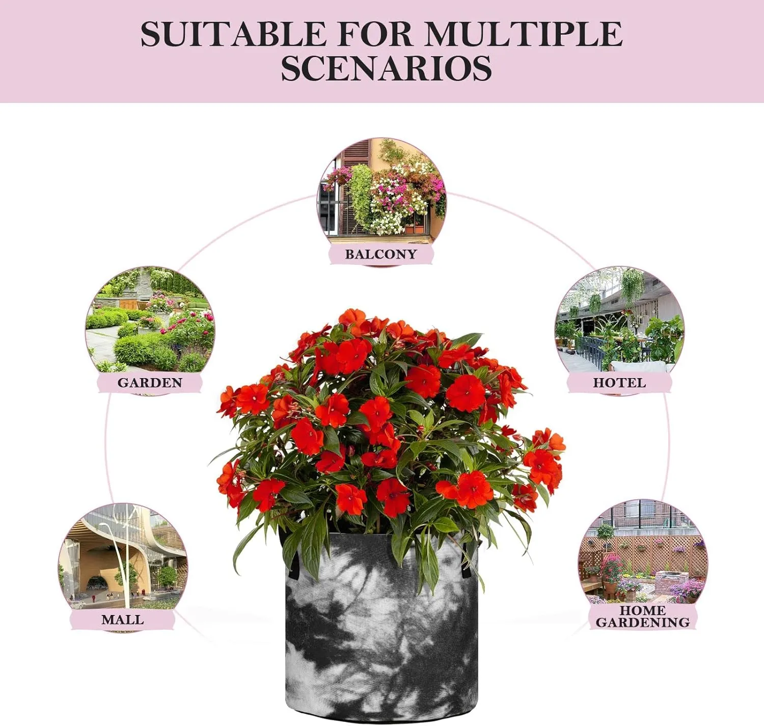 Humming Bird, White Roses and Peonies with Leaves on Black Grow Bags, Planter Pot with Sturdy Handles Heavy Duty Thickened Felt Cloth Pots Container for Garden Flowers Vegetables 10 Gal