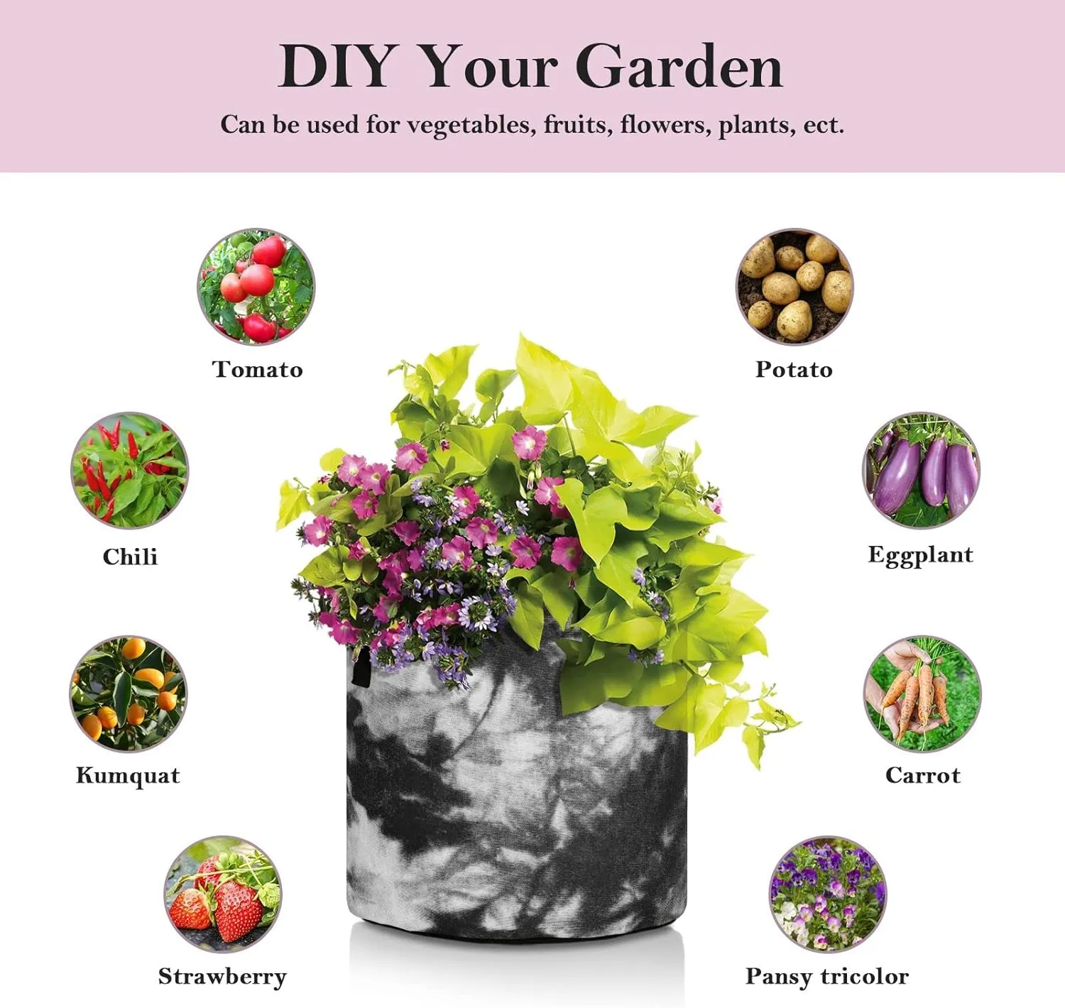 Humming Bird, White Roses and Peonies with Leaves on Black Grow Bags, Planter Pot with Sturdy Handles Heavy Duty Thickened Felt Cloth Pots Container for Garden Flowers Vegetables 10 Gal