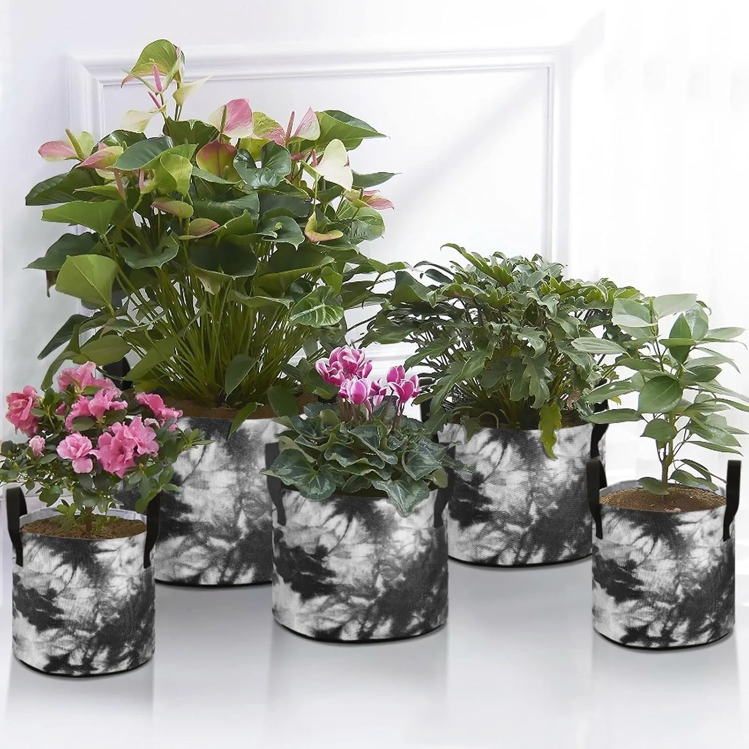Humming Bird, White Roses and Peonies with Leaves on Black Grow Bags, Planter Pot with Sturdy Handles Heavy Duty Thickened Felt Cloth Pots Container for Garden Flowers Vegetables 10 Gal