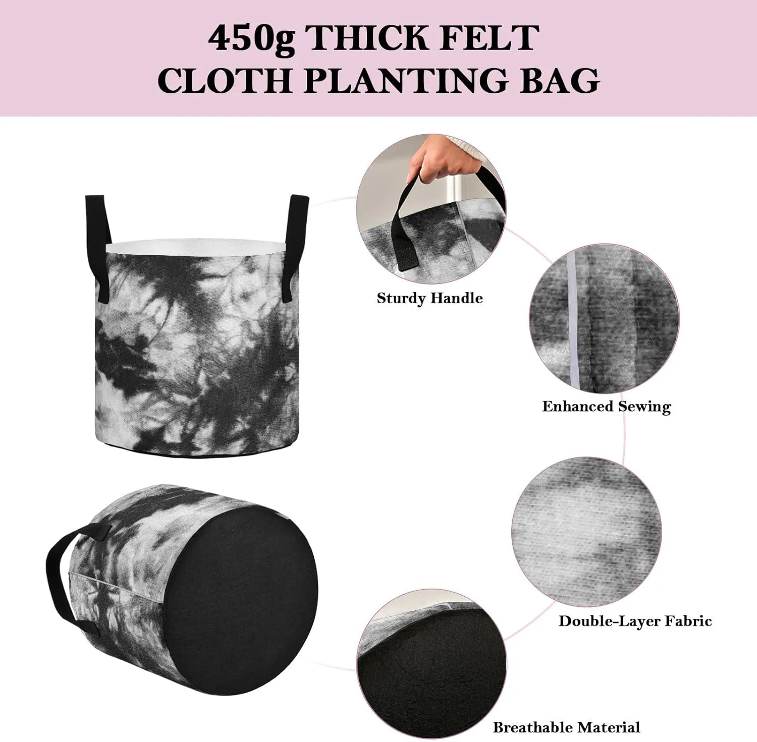 Humming Bird, White Roses and Peonies with Leaves on Black Grow Bags, Planter Pot with Sturdy Handles Heavy Duty Thickened Felt Cloth Pots Container for Garden Flowers Vegetables 10 Gal