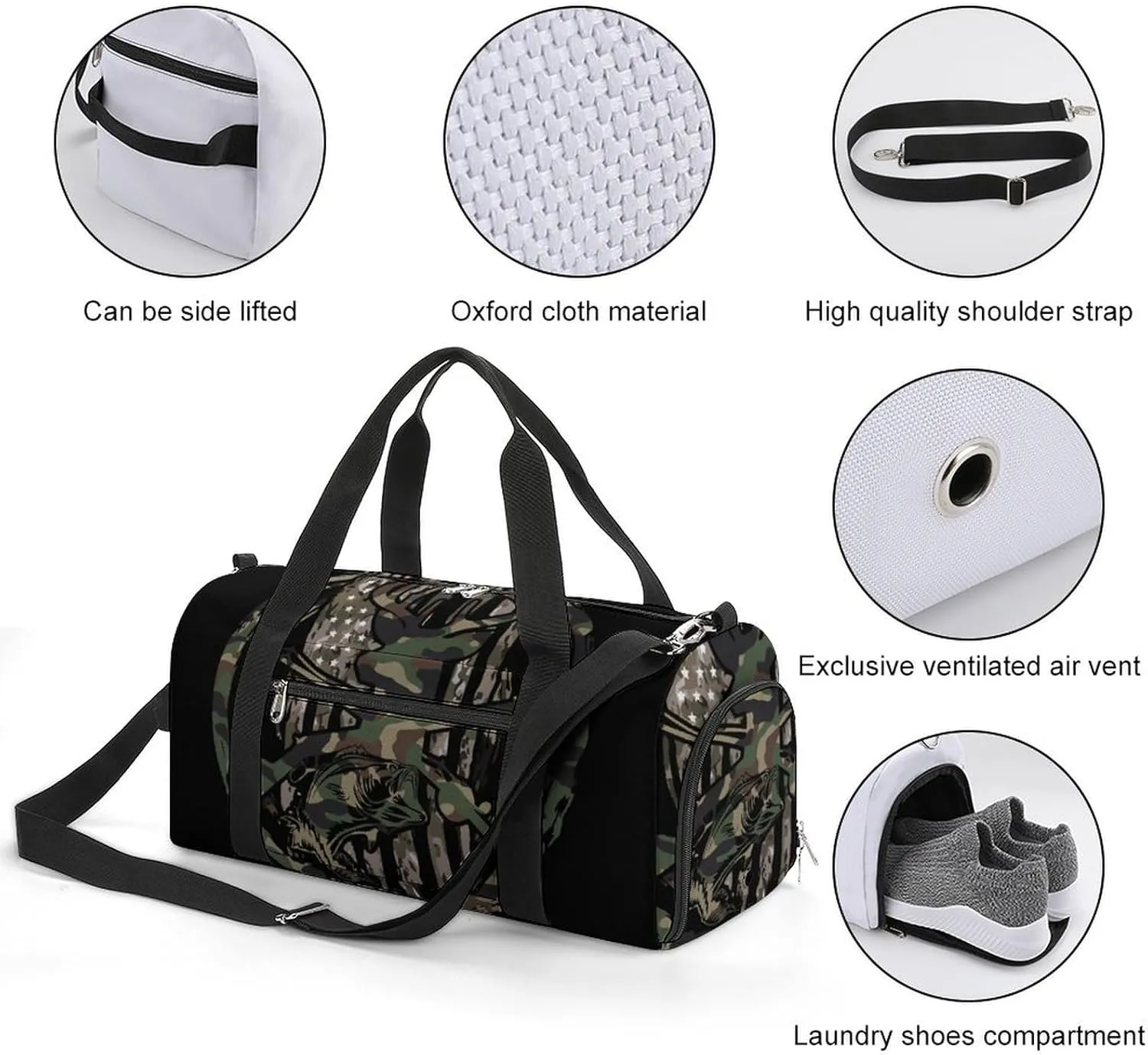 Hunting Deer Bass Fishing Lure Camo Camouflage American Flag Black A Fitness Bag with Large Storage Space Is Suitable for Portable Outdoor Use