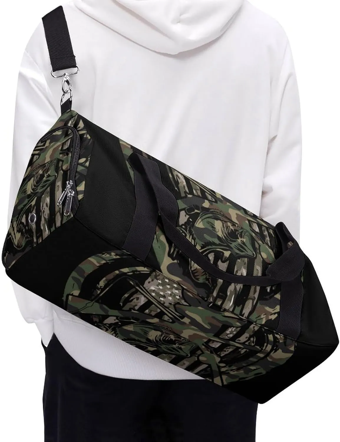 Hunting Deer Bass Fishing Lure Camo Camouflage American Flag Black A Fitness Bag with Large Storage Space Is Suitable for Portable Outdoor Use