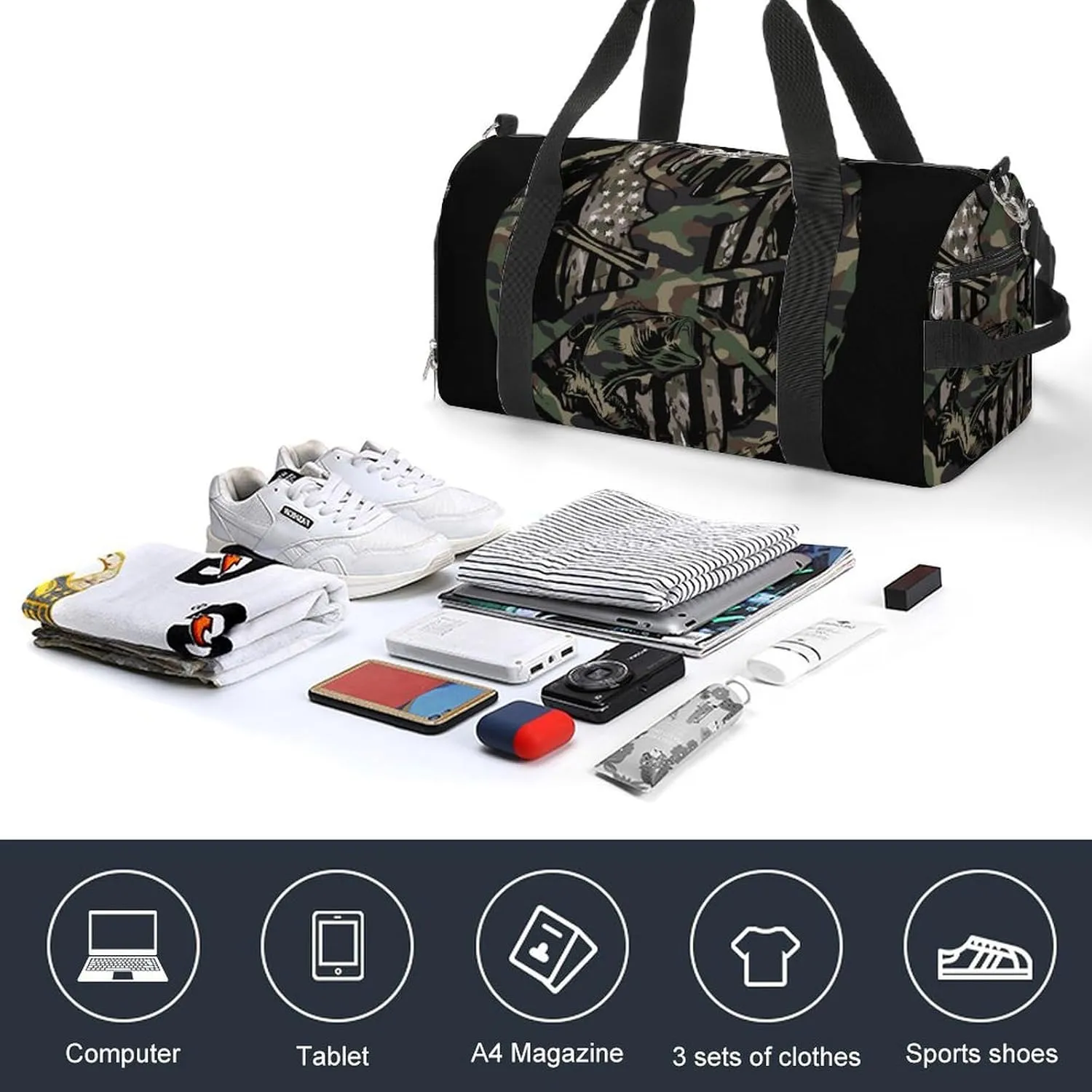 Hunting Deer Bass Fishing Lure Camo Camouflage American Flag Black A Fitness Bag with Large Storage Space Is Suitable for Portable Outdoor Use