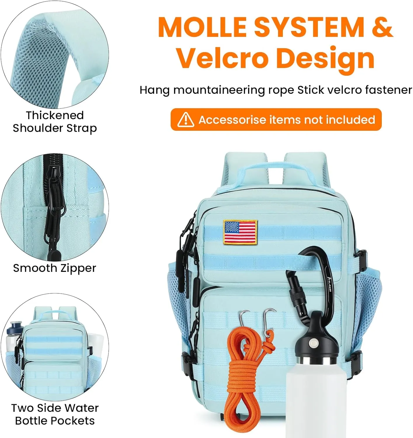 HUNTVP 9L Mini Tactical Backpack with Holster for Women - Small Military MOLLE Backpack for Sport, Hiking, Travel, Gym (Blue)