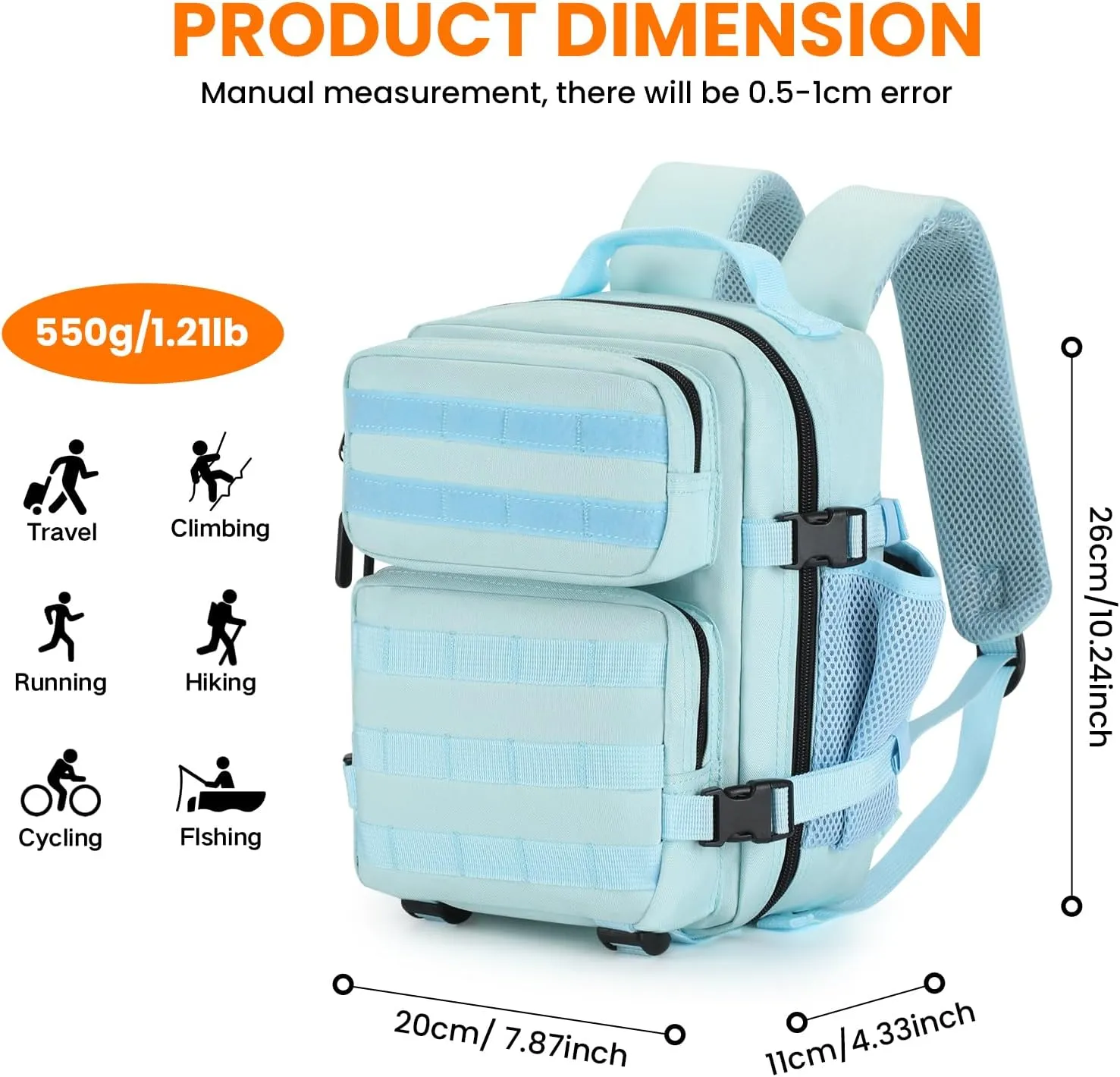 HUNTVP 9L Mini Tactical Backpack with Holster for Women - Small Military MOLLE Backpack for Sport, Hiking, Travel, Gym (Blue)
