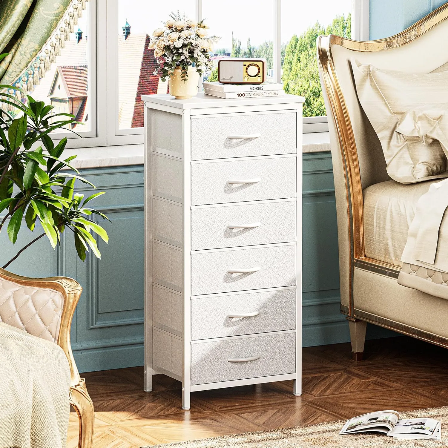 Huuger Tall Dresser for Bedroom, 6 Drawer Dresser & Chests of Drawers, Fabric Dresser for Closet, Bedroom, Night Stand, End Table with Metal Frame, Storage Tower with Fabric Bins, PU Leather, White
