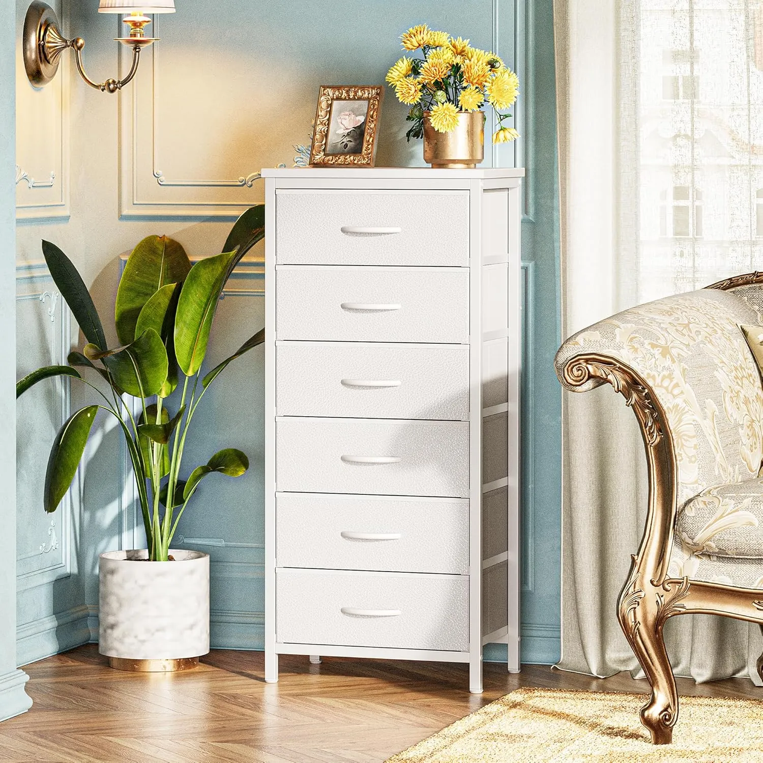 Huuger Tall Dresser for Bedroom, 6 Drawer Dresser & Chests of Drawers, Fabric Dresser for Closet, Bedroom, Night Stand, End Table with Metal Frame, Storage Tower with Fabric Bins, PU Leather, White