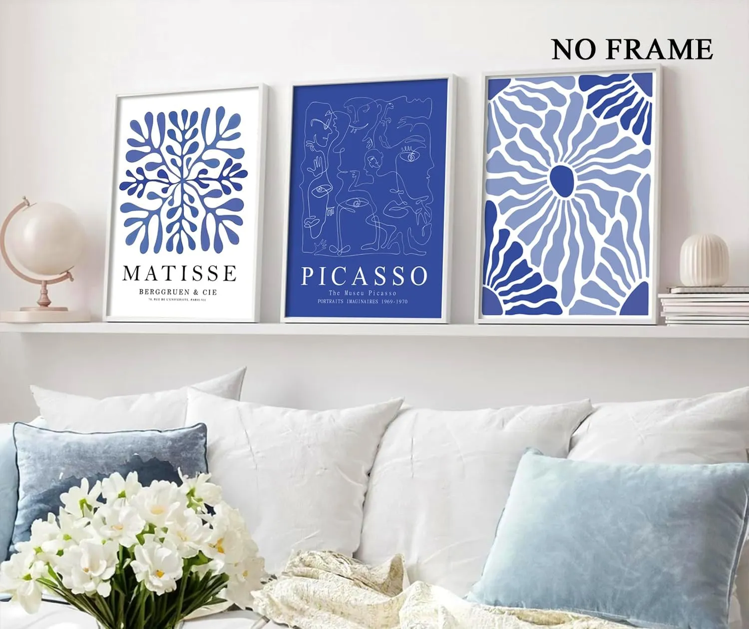 Hwetui Matisse Picasso Abstract Wall Art Poster Set of 3 Navy Blue Flower Market Canvas Prints Aesthetic Pictures Modern Minimalist Wall Decor Painting for Living Room Bedroom Bathroom16 x 24in Unframed