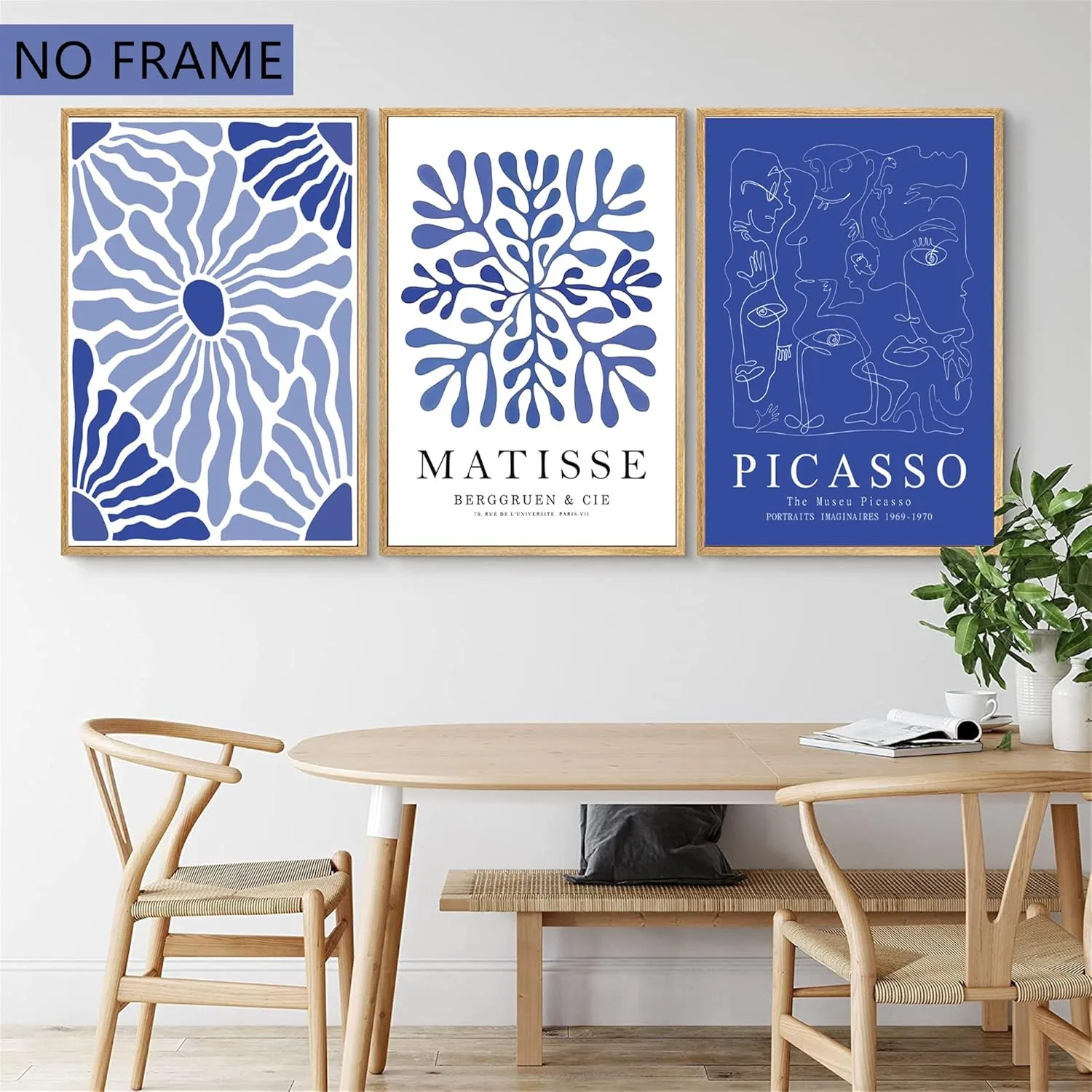 Hwetui Matisse Picasso Abstract Wall Art Poster Set of 3 Navy Blue Flower Market Canvas Prints Aesthetic Pictures Modern Minimalist Wall Decor Painting for Living Room Bedroom Bathroom16 x 24in Unframed