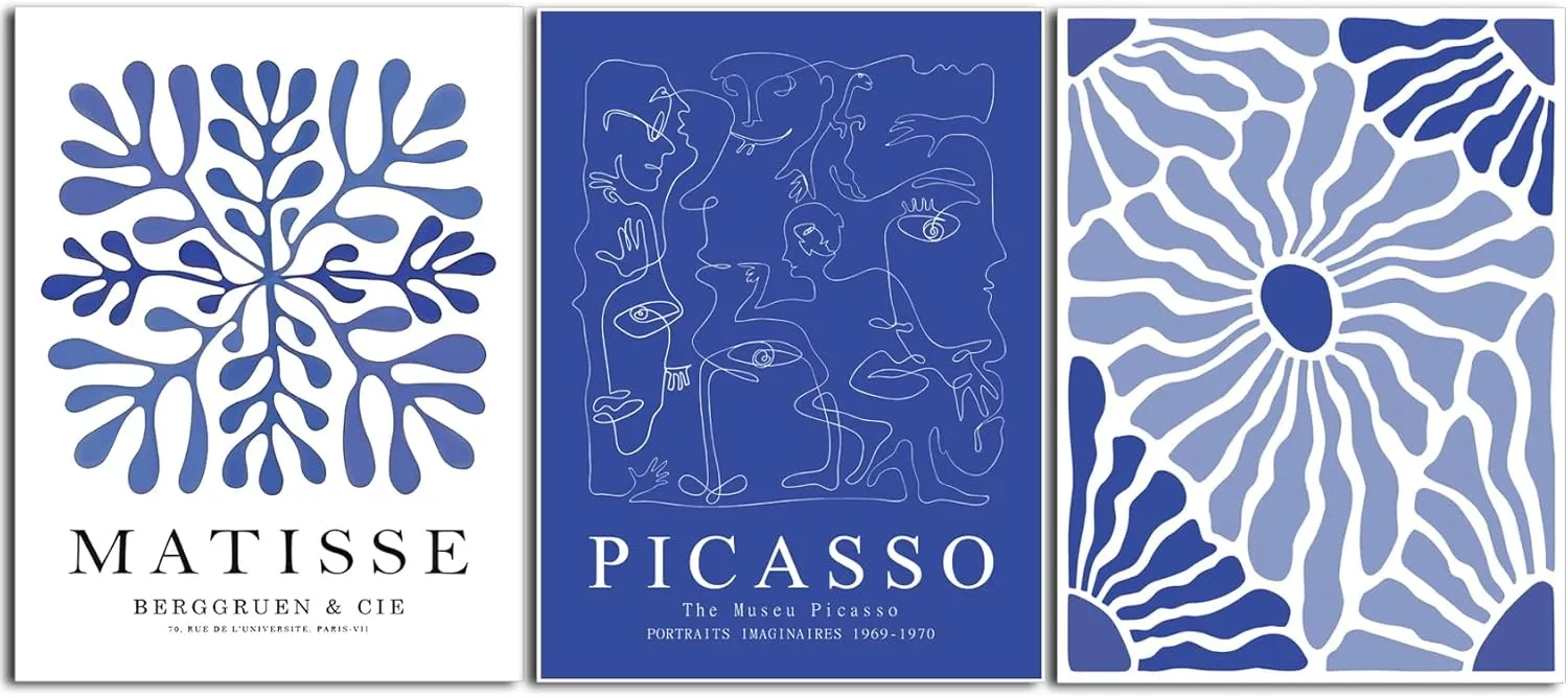 Hwetui Matisse Picasso Abstract Wall Art Poster Set of 3 Navy Blue Flower Market Canvas Prints Aesthetic Pictures Modern Minimalist Wall Decor Painting for Living Room Bedroom Bathroom16 x 24in Unframed
