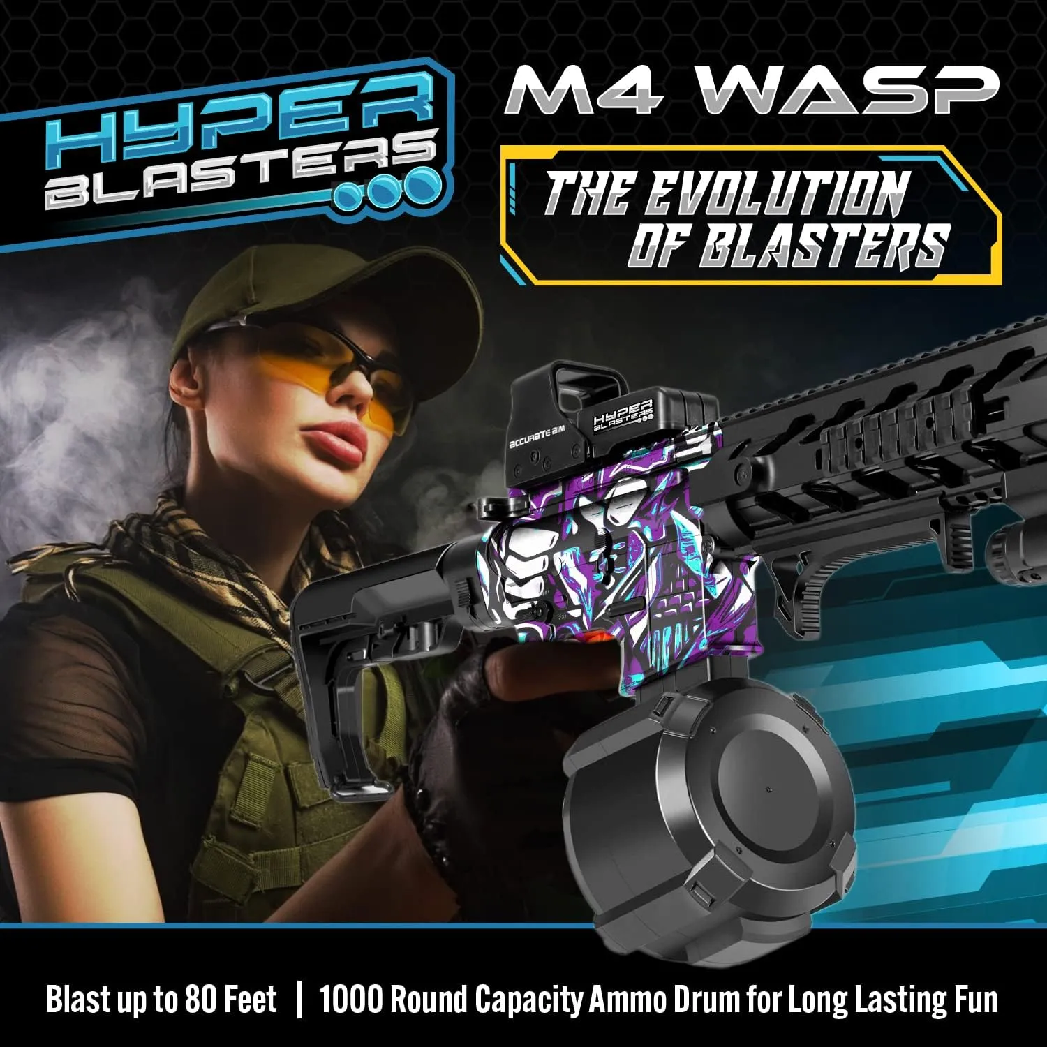 HyperBlasters M4 Wasp Gel Ball Blaster with 1000 Round Capacity Ammo Drum – Splatter Ball Blaster Includes 50,000 Planet Friendly and No- Stain Beads- Fun and Exciting Electric Orby Blaster