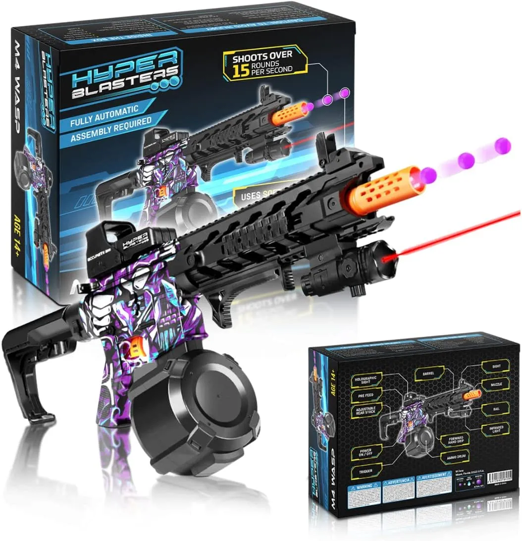 HyperBlasters M4 Wasp Gel Ball Blaster with 1000 Round Capacity Ammo Drum – Splatter Ball Blaster Includes 50,000 Planet Friendly and No- Stain Beads- Fun and Exciting Electric Orby Blaster