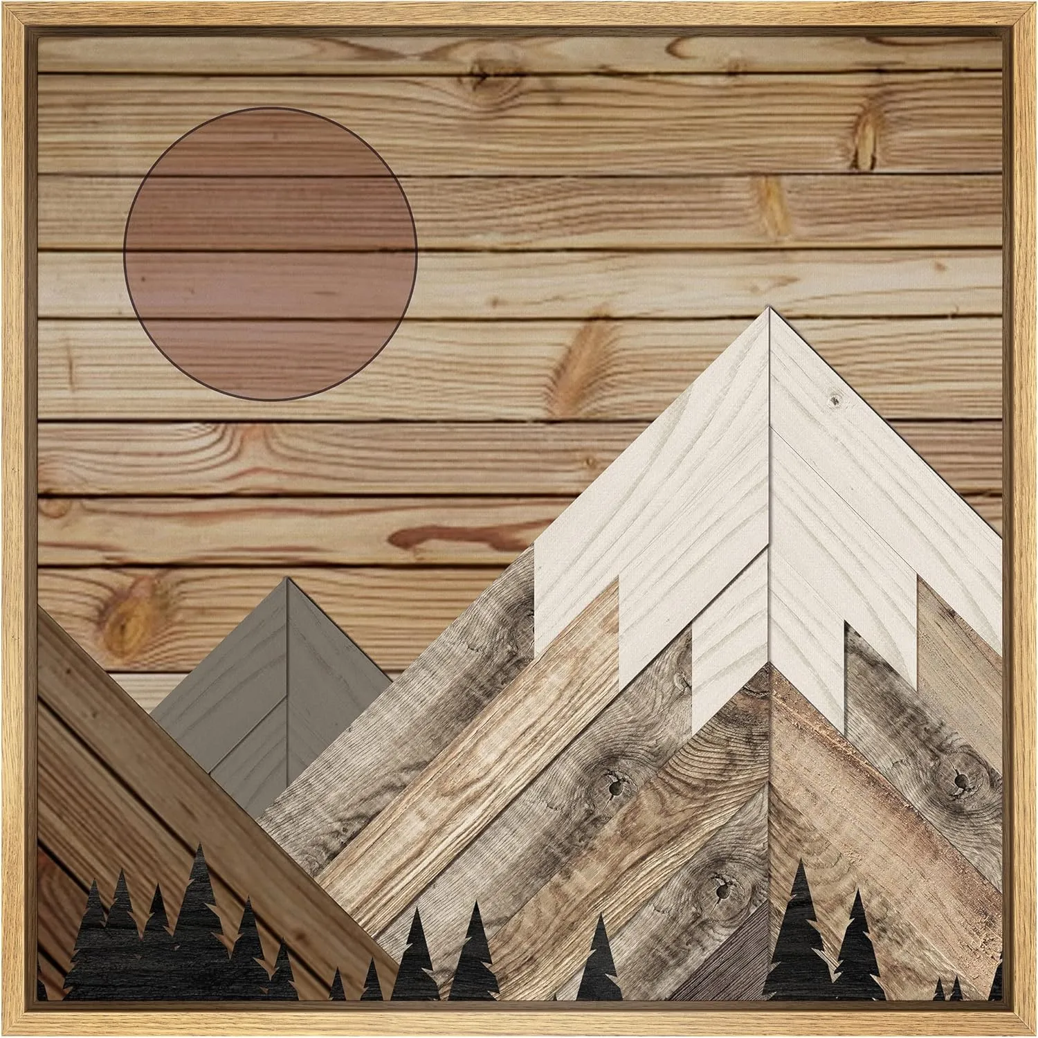 IDEA4WALL Framed Canvas Print Wall Art Western Decor Wood Block Snowy Winter Mountain Range Nature Wilderness Illustrations Modern Decorative for Living Room, Bedroom, Office - 16"x16" Natural