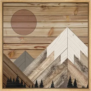 IDEA4WALL Framed Canvas Print Wall Art Western Decor Wood Block Snowy Winter Mountain Range Nature Wilderness Illustrations Modern Decorative for Living Room, Bedroom, Office - 16"x16" Natural