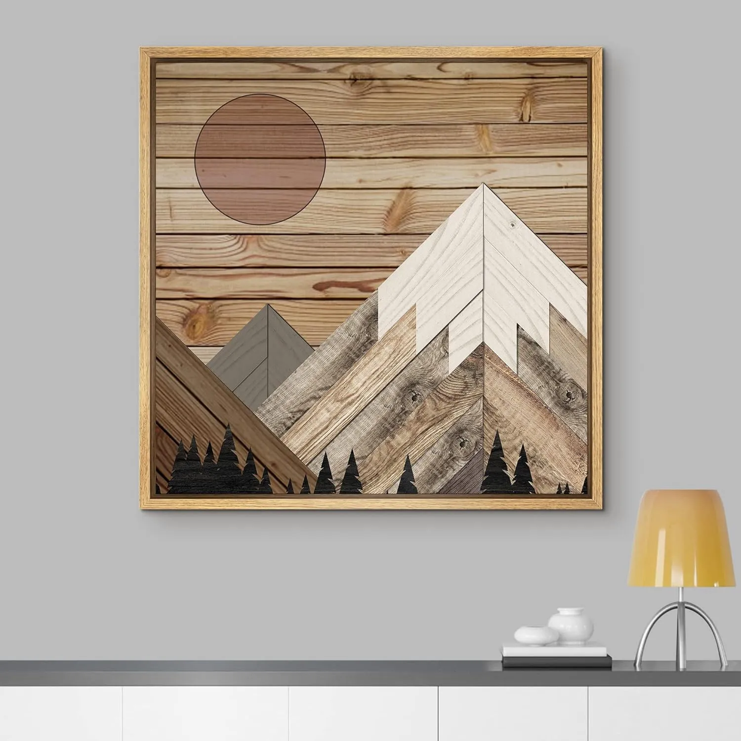 IDEA4WALL Framed Canvas Print Wall Art Western Decor Wood Block Snowy Winter Mountain Range Nature Wilderness Illustrations Modern Decorative for Living Room, Bedroom, Office - 16"x16" Natural