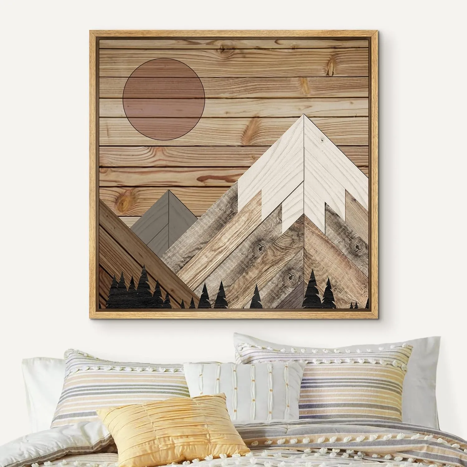 IDEA4WALL Framed Canvas Print Wall Art Western Decor Wood Block Snowy Winter Mountain Range Nature Wilderness Illustrations Modern Decorative for Living Room, Bedroom, Office - 16"x16" Natural
