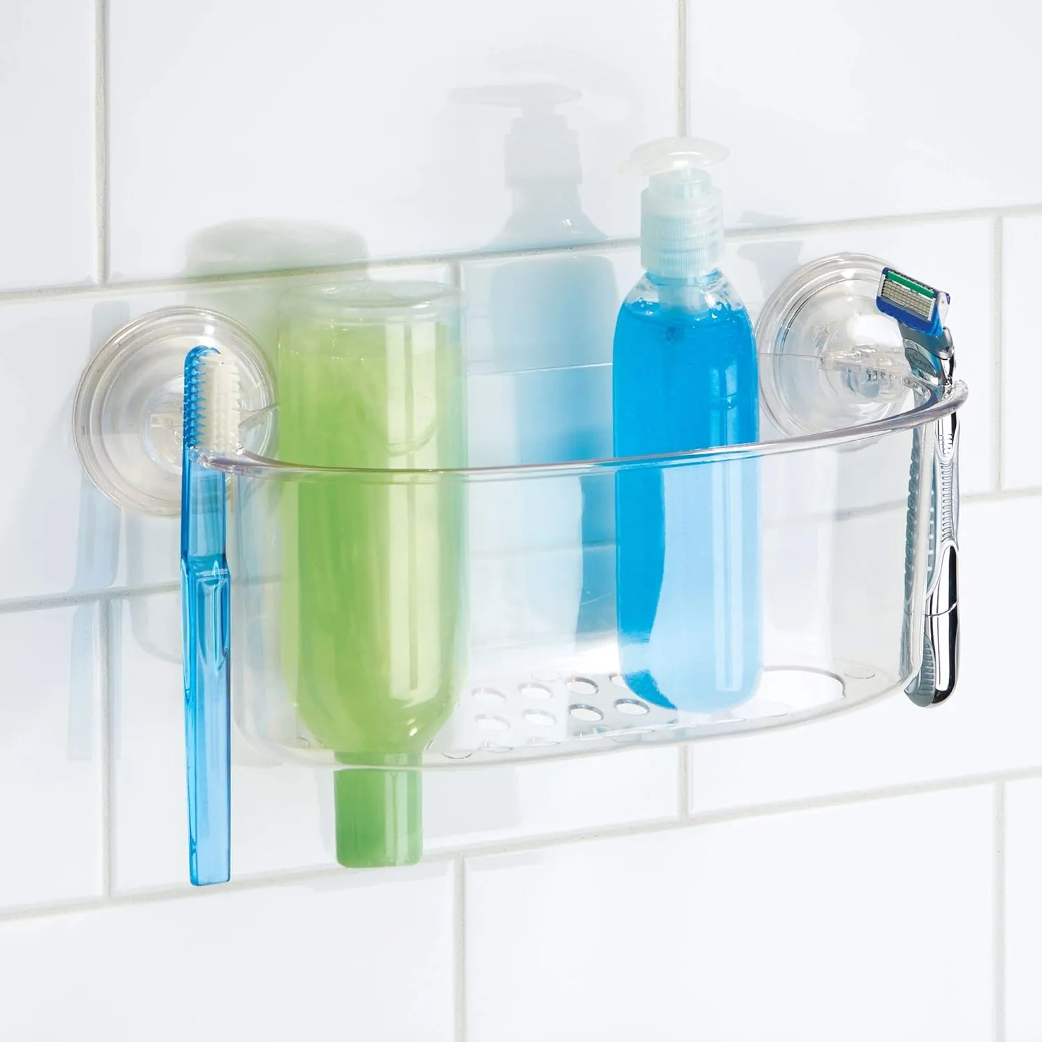 iDesign BPA-Free Plastic Power Lock Suction Wall Storage Basket Organizer Caddy for Bathroom Shower, Bath Tub, and Mirrors - Clear