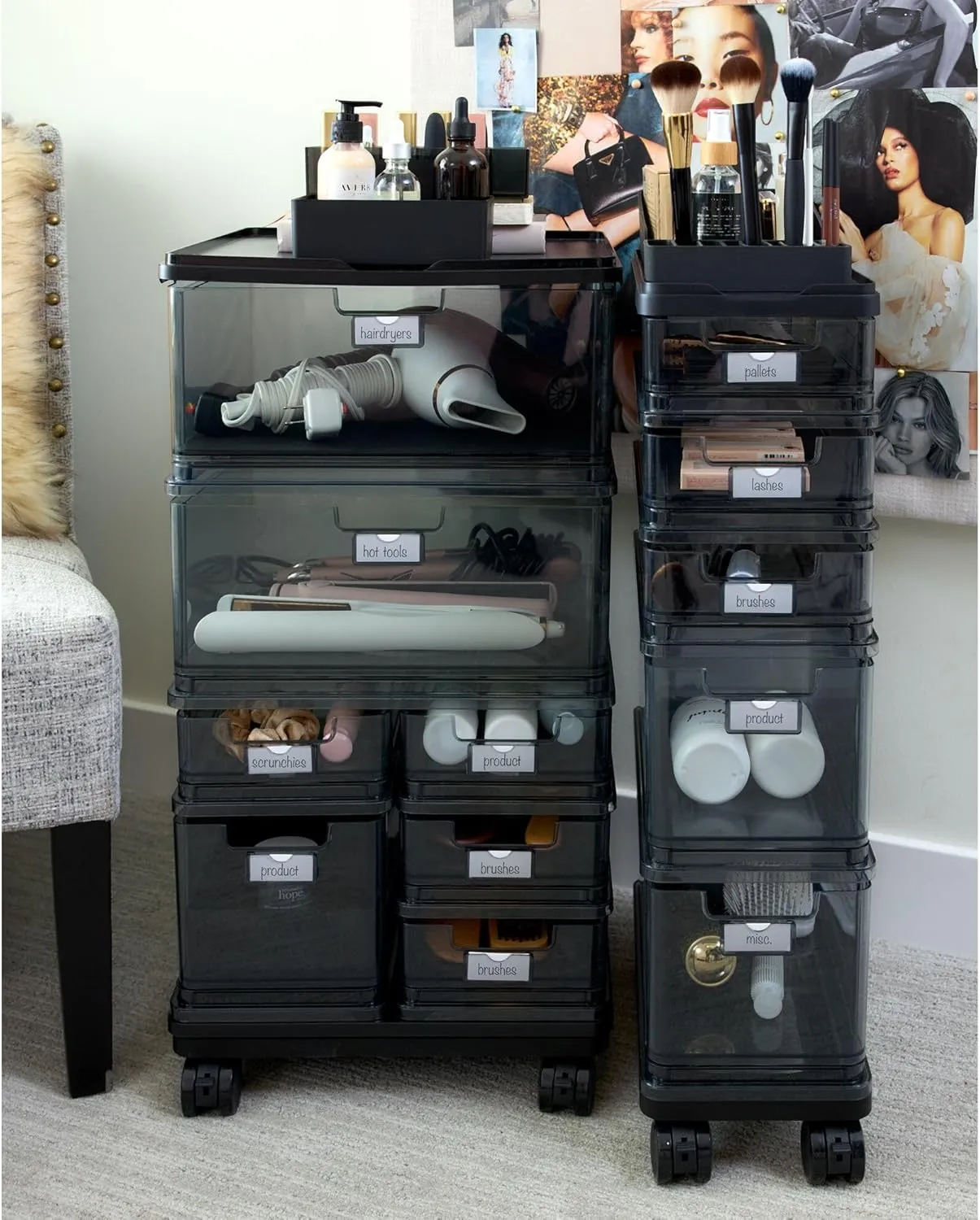 iDesign The Sarah Tanno Collection Small 5-Drawer Stacking Cosmetic Organizer Cart, Smoke/Black