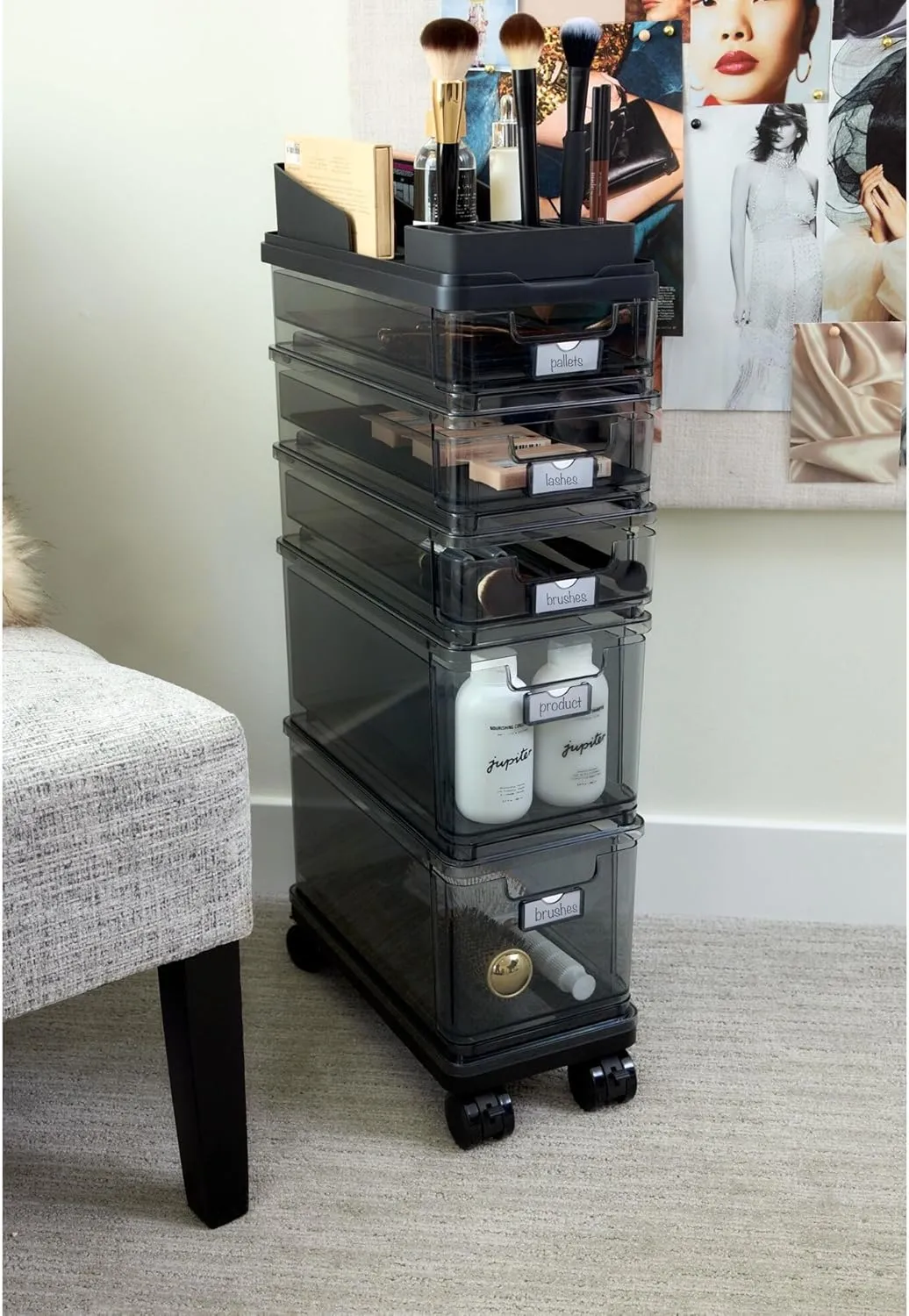 iDesign The Sarah Tanno Collection Small 5-Drawer Stacking Cosmetic Organizer Cart, Smoke/Black