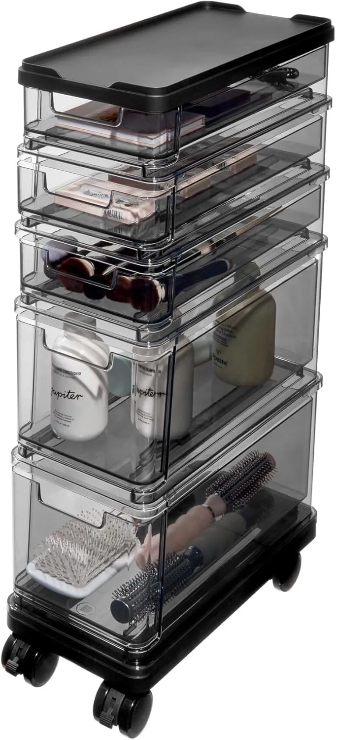 iDesign The Sarah Tanno Collection Small 5-Drawer Stacking Cosmetic Organizer Cart, Smoke/Black