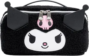 Impressions Vanity Kuromi Unfold Travel Makeup Bag Organizer, Opens Flat Zippered Cosmetic Bag with Cozy Sherpa Fabric Texture, Dual Compartments, Inner Pockets, and Top Carrying Handle