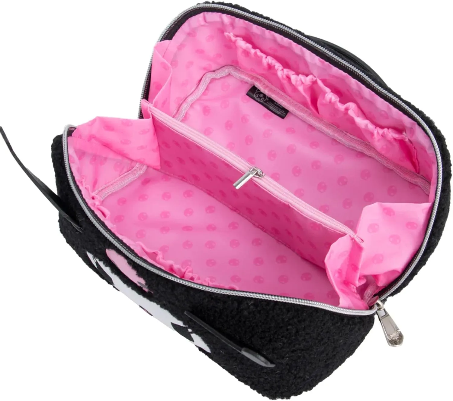Impressions Vanity Kuromi Unfold Travel Makeup Bag Organizer, Opens Flat Zippered Cosmetic Bag with Cozy Sherpa Fabric Texture, Dual Compartments, Inner Pockets, and Top Carrying Handle
