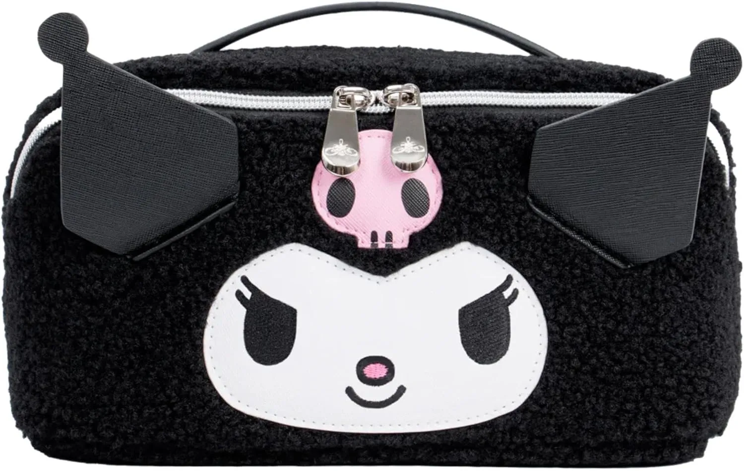 Impressions Vanity Kuromi Unfold Travel Makeup Bag Organizer, Opens Flat Zippered Cosmetic Bag with Cozy Sherpa Fabric Texture, Dual Compartments, Inner Pockets, and Top Carrying Handle