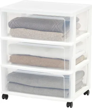IRIS USA Plastic Drawer Storage Organizer Rolling Cart, with Wheels Casters, 3-Drawers, for Art Craft Supplies Dresser Closet Bathroom Dorm Bedroom Laundry Room, Wide, White