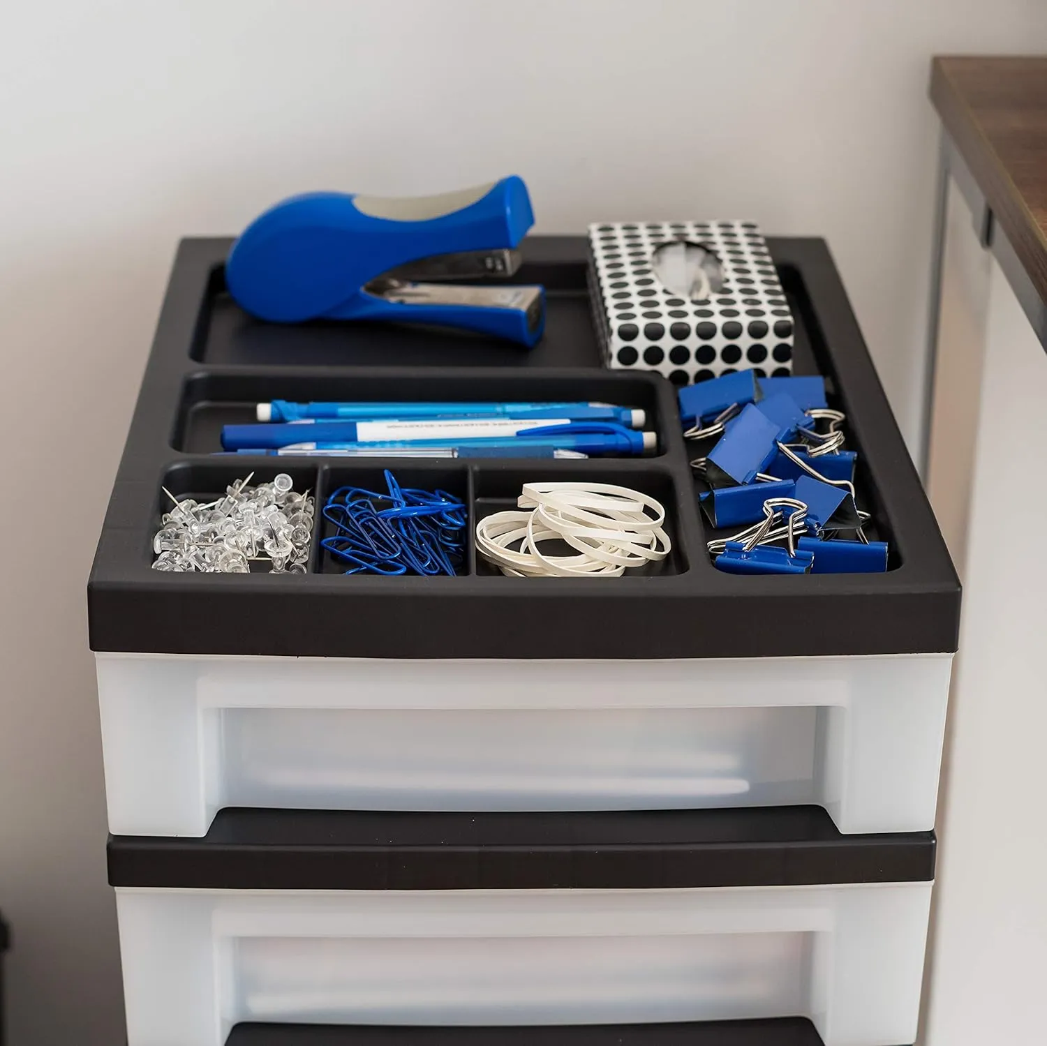 IRIS USA Plastic Drawer Storage Organizer Rolling Cart, with Wheels Casters, 4-Drawers, for Classroom Art Craft Supplies Dresser Closet Bathroom Bedroom, Top Organizer for Small Parts, Black/Pearl