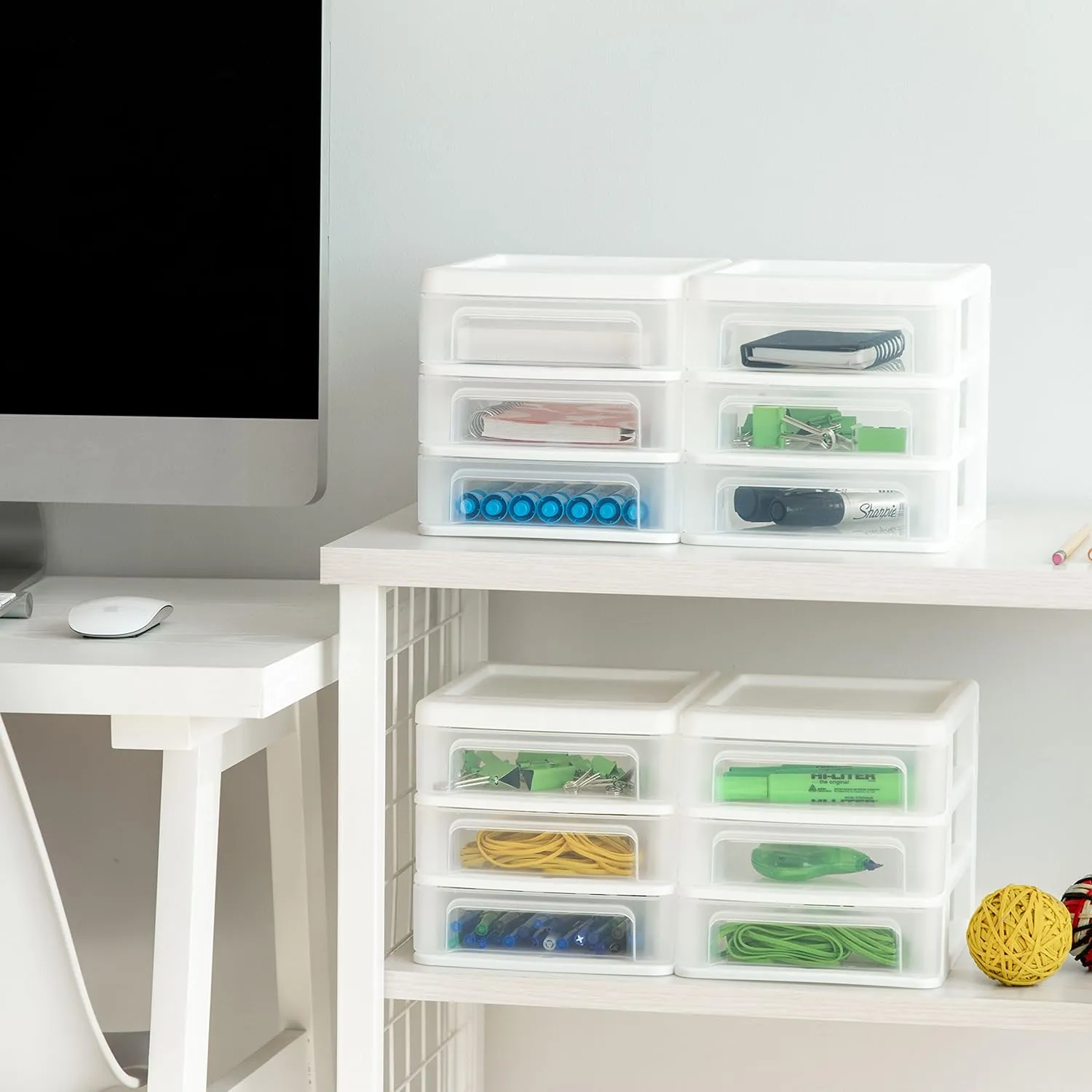 IRIS USA Plastic Stacking Desk Top 3-Drawer Storage Organizer, 4-Pack, for Makep Vanity Nail Polish Bathroom Stationery Art Craft Supplies Kitchen Office Garage and Small Organization, Small, White