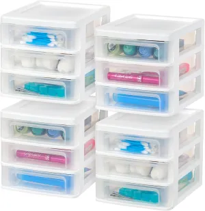 IRIS USA Plastic Stacking Desk Top 3-Drawer Storage Organizer, 4-Pack, for Makep Vanity Nail Polish Bathroom Stationery Art Craft Supplies Kitchen Office Garage and Small Organization, Small, White