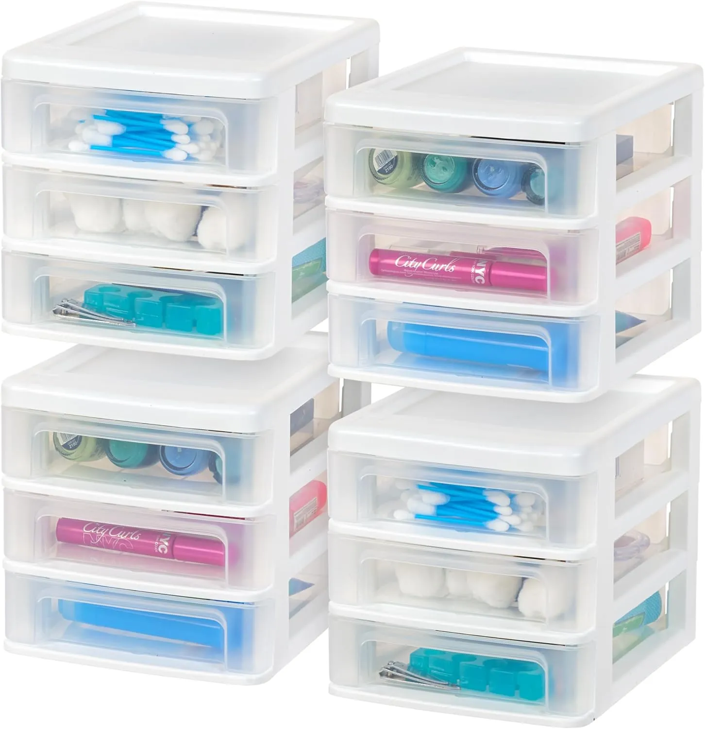IRIS USA Plastic Stacking Desk Top 3-Drawer Storage Organizer, 4-Pack, for Makep Vanity Nail Polish Bathroom Stationery Art Craft Supplies Kitchen Office Garage and Small Organization, Small, White