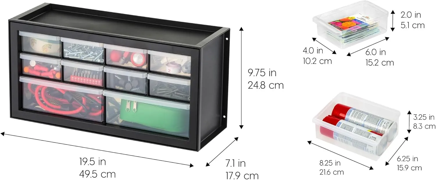 IRIS USA Small Drawer Organizer Storage, 2-Pack, 10-Drawer Craft Cabinet for Screws Hardware Art Supplies Small Parts Nuts Bolts Nails Tool Container, Drink Packet Water Flavor Packet Organizer, Black