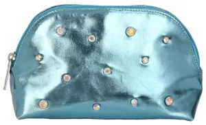 iscream 8.25" x 5" Metallic Faux Leather Fully Lined Wide Zipper Opening Cosmetic Bag - Blue Candy Gems