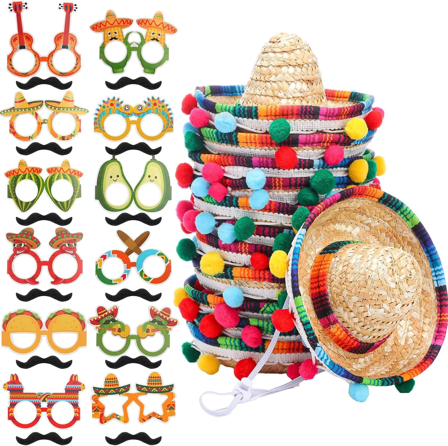 JaGely 36 Pcs Fiesta Party Supplies Cinco De Mayo Party Supplies Mini Sombrero Hats Paper Eyeglasses Fake Mustaches Sombrero Party Accessories Mexican Theme Party Gift