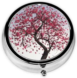 Japanese Cherry Tree Pill Box Round Pill Case for Pocket Purse 3 Compartment Medicine Pill Organizer Cute Portable Travel Pillbox Vitamin Cod Liver Oil Storage Box Unique Gift Organizer