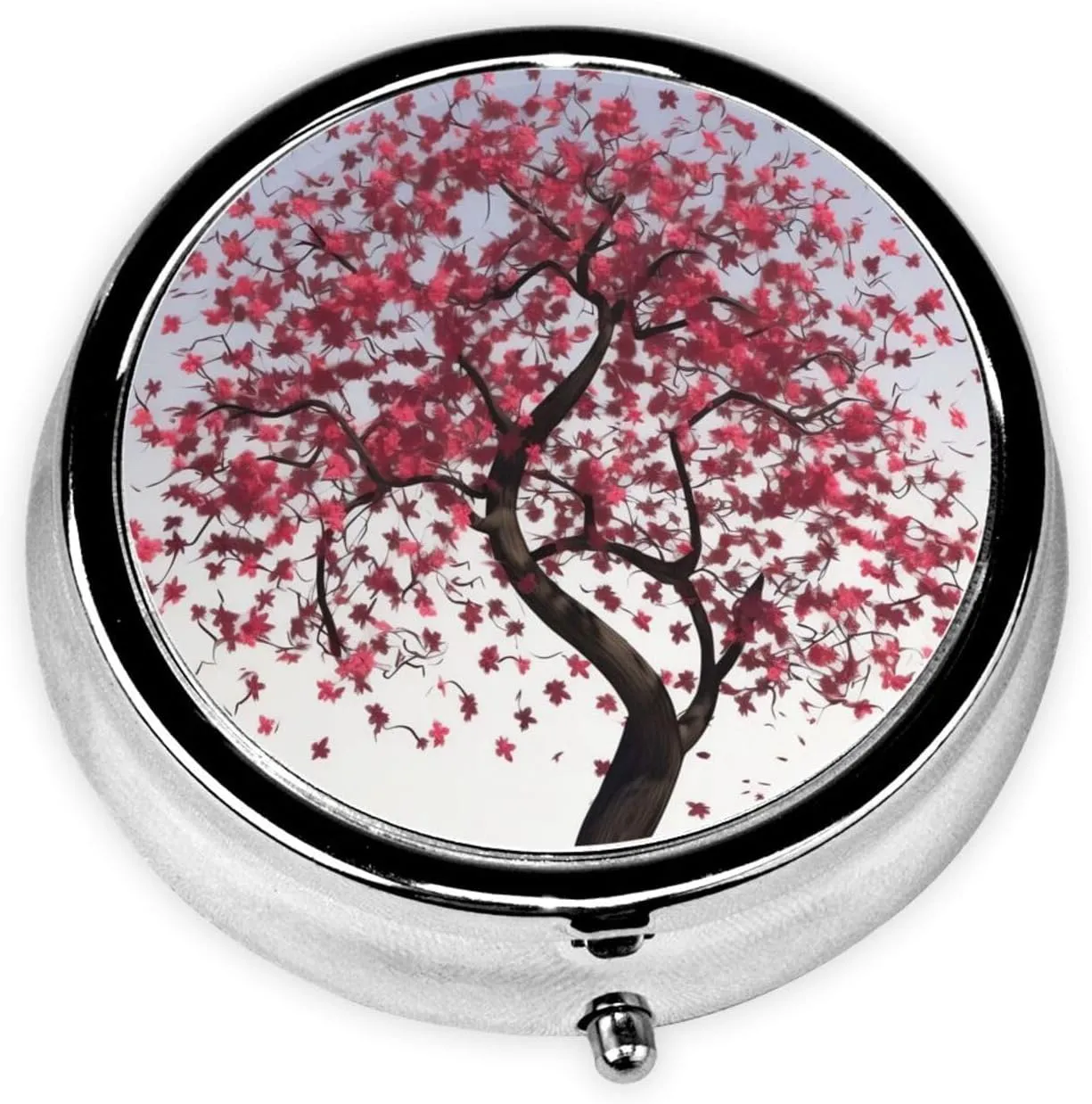 Japanese Cherry Tree Pill Box Round Pill Case for Pocket Purse 3 Compartment Medicine Pill Organizer Cute Portable Travel Pillbox Vitamin Cod Liver Oil Storage Box Unique Gift Organizer